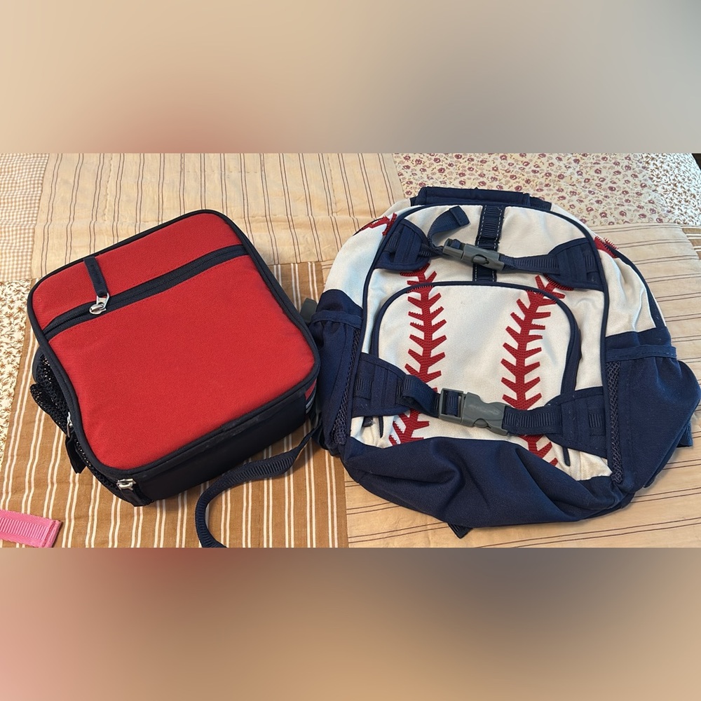 Mackenzie Baseball 3D Red And Blue Pottery Barn Small Backpack and Red Lunch Bag